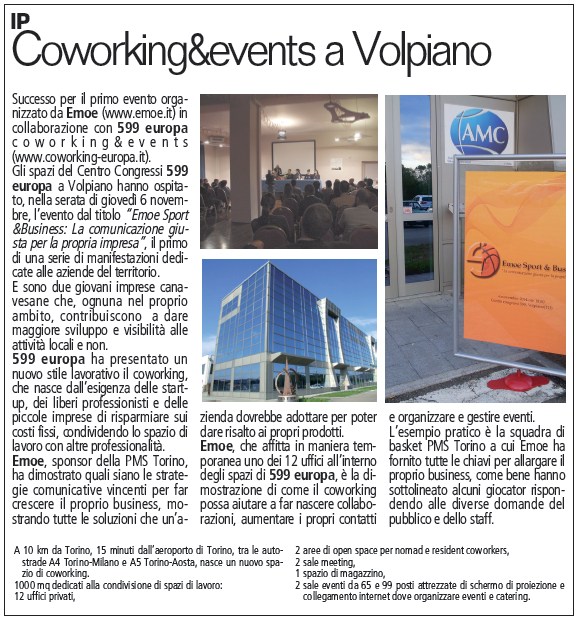 Articolo che parla degli eventi organizzati prezzo 599 Europa Coworking di Volpiano (To)